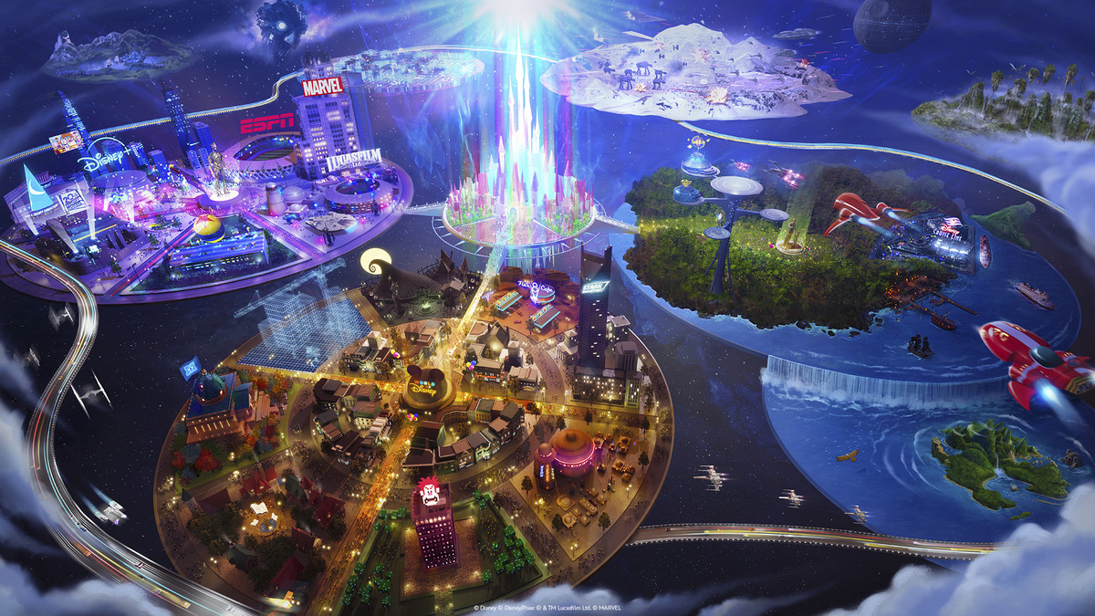 An expansive view of a virtual Disney theme park within the Fortnite world, featuring branding and characters from Star Wars, Pixar, Marvel and more