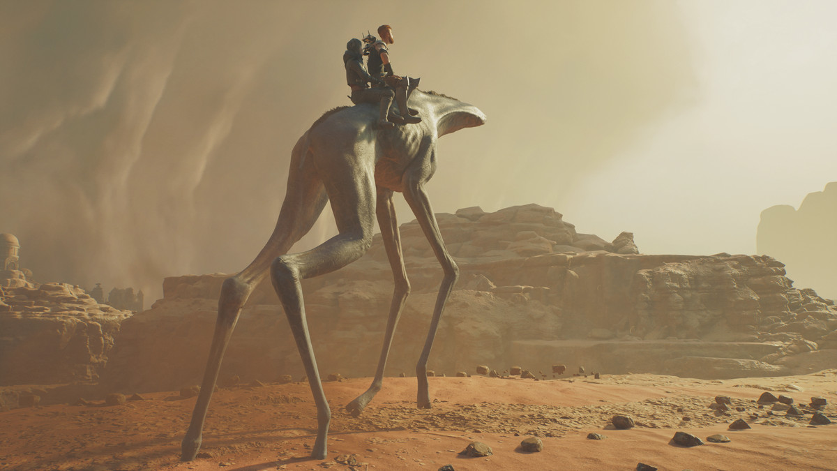 Star Wars Jedi: Survivor Cal, BD, and Merrin riding a spammel through the Jedha desert