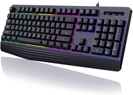 yesbeaut Gaming Keyboard, 7-Color Rainbow LED Backlit, 104 Keys Quiet Light Up Keyboard, Wrist Rest, Whisper Silent, Anti-ghosting Multimedia Keys, Waterproof USB Wired Keyboard for PC Mac Xbox