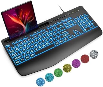 SABLUTE Large Print Backlit Keyboard, Wired USB Lighted Computer Keyboards with 7-Color Backlit, Wrist Rest, Phone Holder, Big Letters Keys Easy to Read and Type for PC, Laptop, Desktop